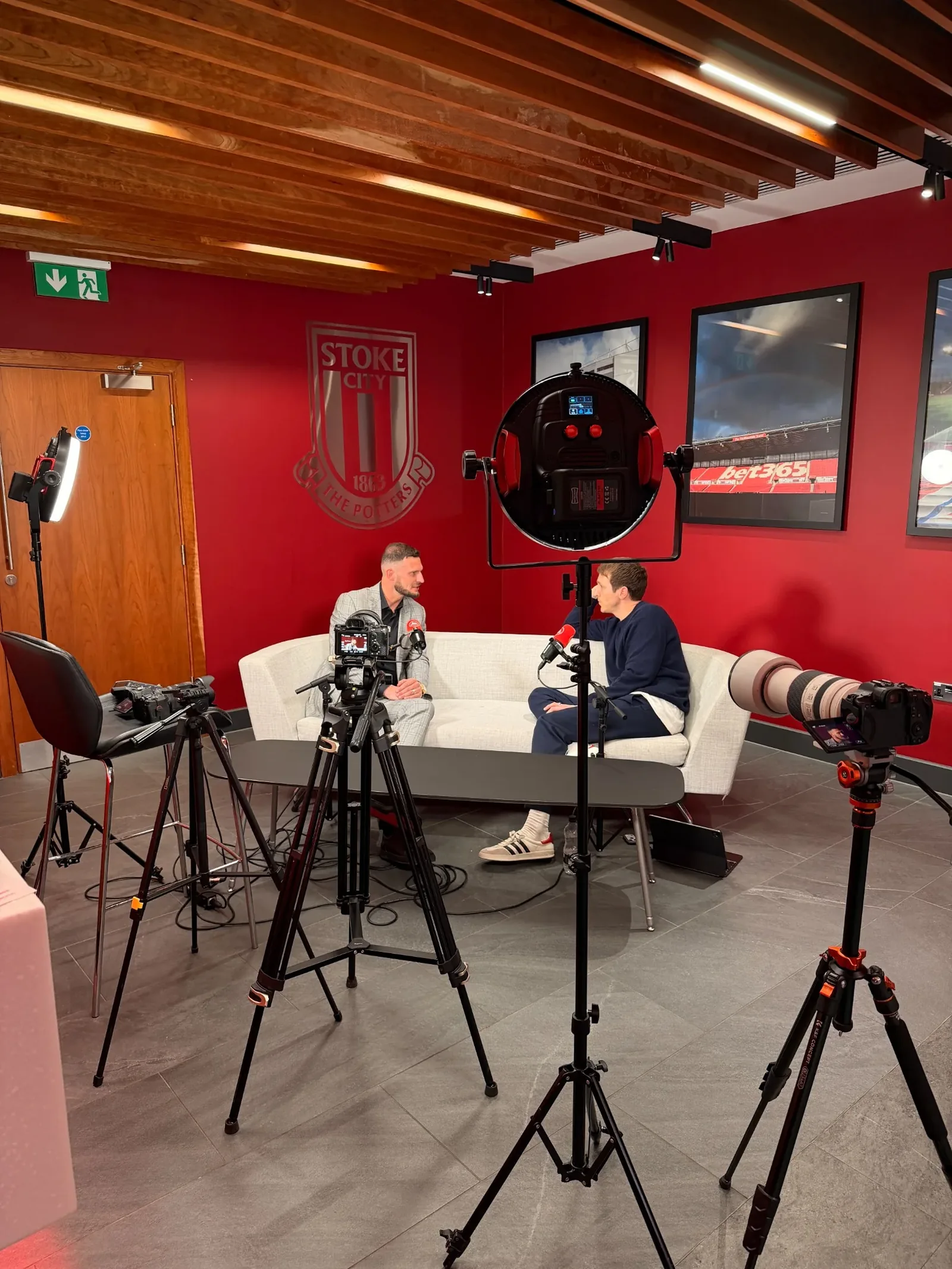 Camera and lighting setup for a recorded interview at Stoke City